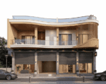 Commercial building front elevation featuring Rich Gold and New White ACP cladding with large glass showroom windows by MyFabrio.