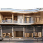 Commercial building front elevation featuring Rich Gold and New White ACP cladding with large glass showroom windows by MyFabrio.