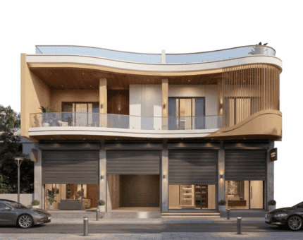 Commercial building front elevation featuring Rich Gold and New White ACP cladding with large glass showroom windows by MyFabrio.